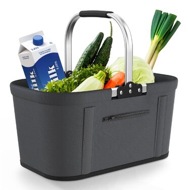 Складаний кошик для покупок на 30 літрів з 4 стійкими ніжками | Міцний кошик для перенесення та пікніків | Великий сімейний кошик (46x27x25 см) | З м'якими ручками | Для покупок, подорожей, кемпінгу (30л, сірий)