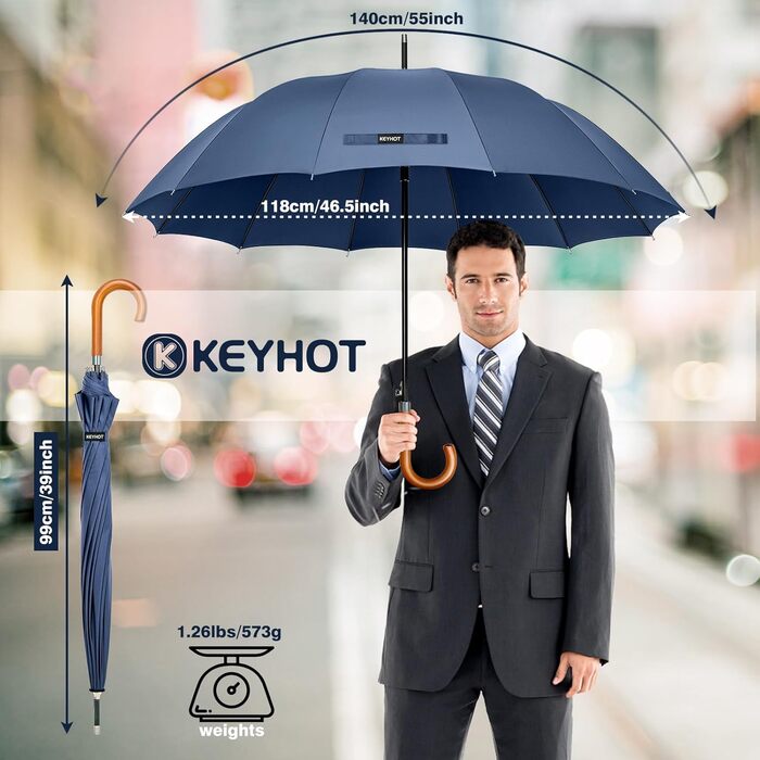 Stormproof Umbrella - XL Wooden Handle Rain Stick Umbrella for Men & Women - 12 Ribs, 118cm, Marine Blue