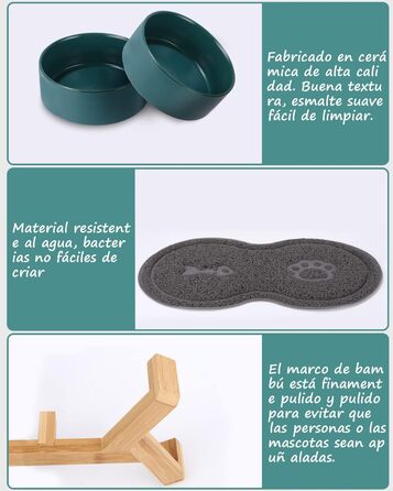 Миска для корму для собак та котів з кераміки з бамбуковим підставкою та антиковзним килимком (400 мл, 2 шт. - зелений)