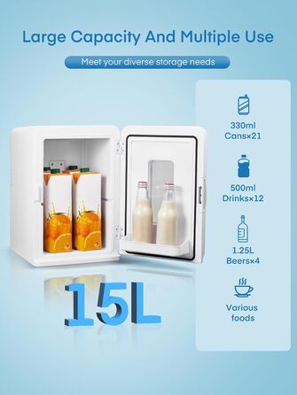 NORTHCLAN Міні холодильник 2в1 15 літрів (21 банка), портативний з охолодженням та нагріванням, 12V/220V для авто, офісу та гуртожитку, чорний, Max & Eco-режим