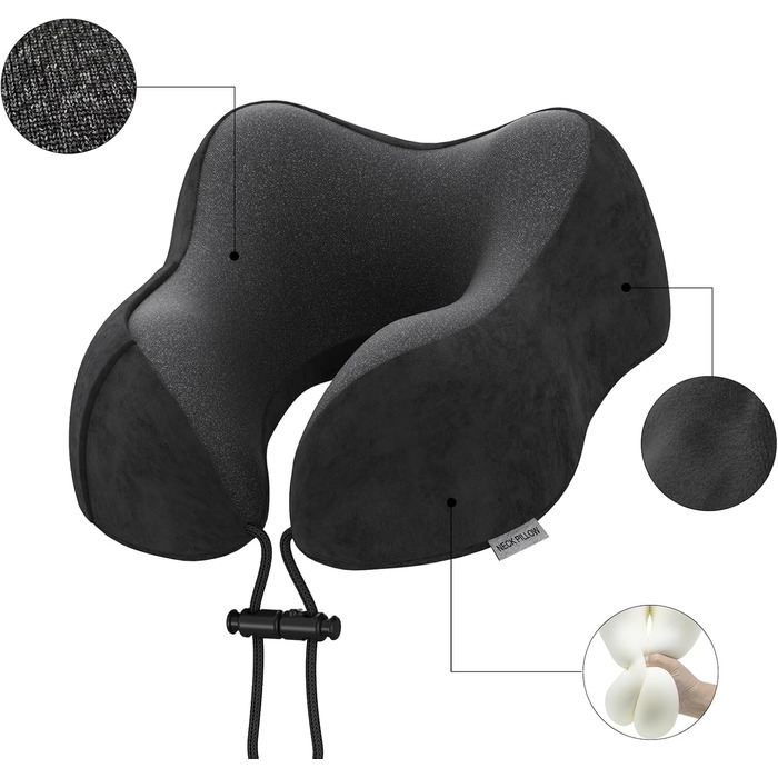 Подушка для шиї у подорожах: автомобільна, для літака, з memory foam та м'яким чохлом. Підходить для дорослих, офісу, дому та кемпінгу (Чорний)