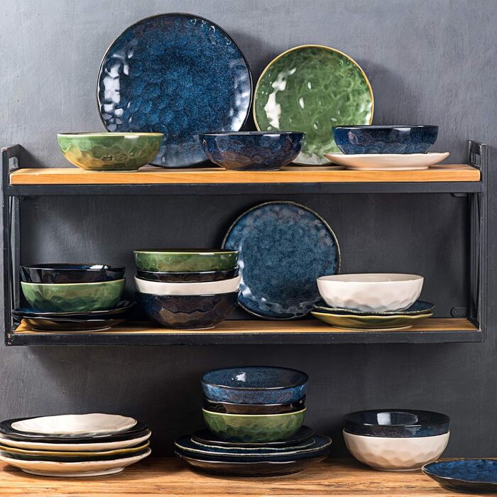 Набір тарілок для мюслі Vicrays (6 шт.) з порцеляни, об'єм 940 мл, набір тарілок та мисок, салатник з кераміки, супові тарілки, підходить для мікрохвильової печі та посудомийної машини (Зоряно-блакитний)