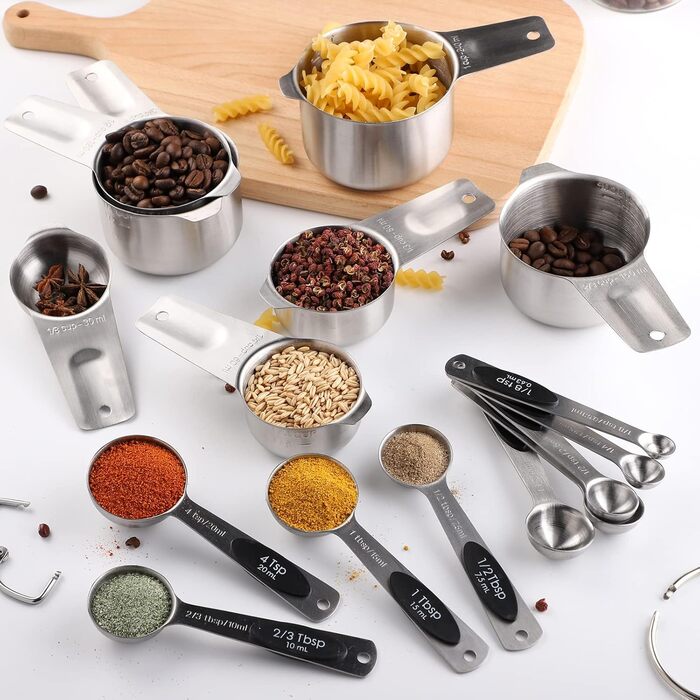Stainless Steel Measuring Cups 7-Piece Stackable Set for Measuring Dry or Liquid Ingredients Kitchen Helper Metal Measuring Cups for Cooking & Baking (7+B9)