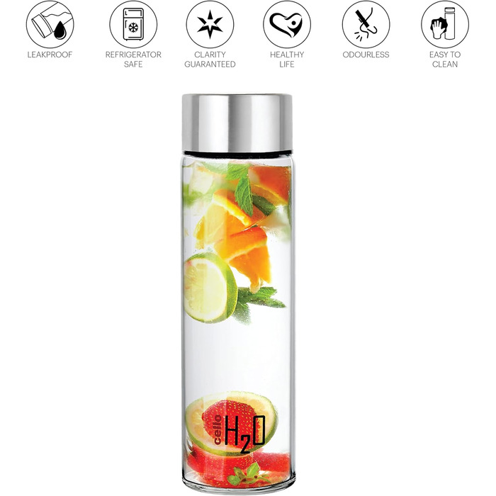 H2O Steelox Glass Water Bottle, Refrigerator Bottle, Wide Opening for Easy Cleaning, Bottle for Hotel, Travel, Office, University, 3-Piece Set, 920 ml, Silver