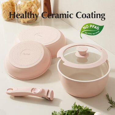 Набір посуду Redchef 16 предметів: каструлі та сковороди з керамічним антипригарним покриттям, знімні ручки, без PFAS, PFOA та PTFE, для кемпінгу та приготування їжі, сумісний з духовкою (колір: рожевий)