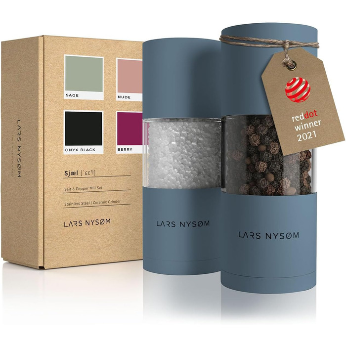 LARS NYSØM Salt and Pepper Mill Set made of Stainless Steel with Adjustable Ceramic Grinder - 2 Pieces | Manual Spice Mills with High-Quality Design (2 pcs) (Stone Blue)