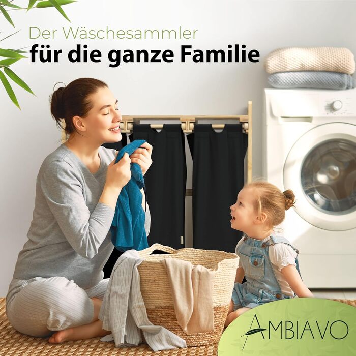 AMBIAVO® Laundry Basket with 3 Compartments and Wheels [black, 100% cotton, bamboo, 90 l volume] | Laundry Collector for dirty laundry | Laundry sorting system | Laundry sorter wood | Laundry box | laundry baskets