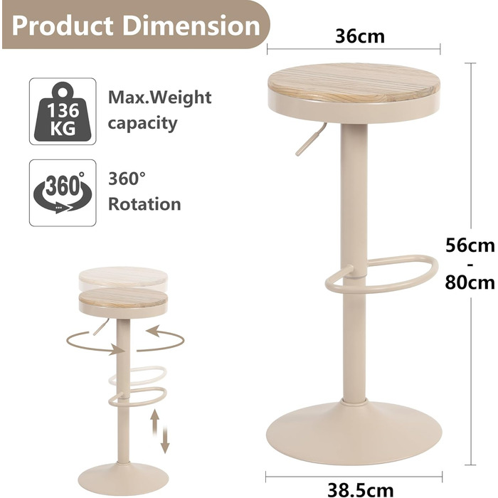 YOUNIKE Adjustable Bar Stools 2-Pack - Wooden Swivel Counter Height Chairs with Footrest for Kitchen & Bar (Vintage, Khaki)