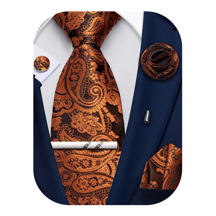 Набір аксесуарів для чоловіків: краватка з візерунком пає, краватка, кишеньковий хустинка, краваттята, затискачі для краваток, 5 шт. (чорний/помаранчевий)
