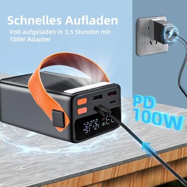 Powerbank 80000 mAh з інтегрованим кабелем, LED-дисплеєм, ліхтариком та швидкою зарядкою 22.5W. Сумісний з iPhone, iPad, Tablet, Steam Deck та іншими пристроями