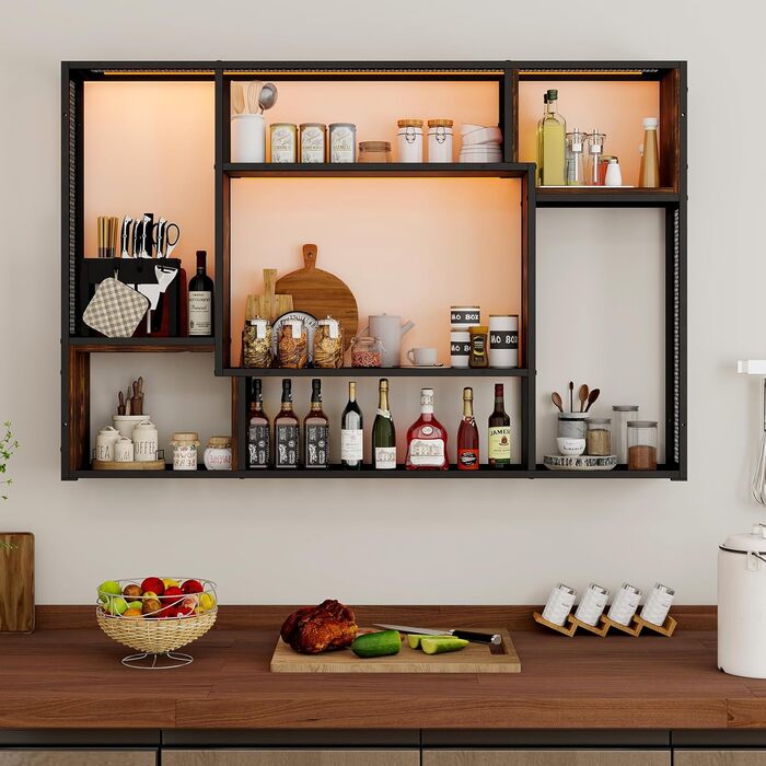 Стильне металеве виноградне реіал на стіну з LED-підсвічуванням, 3 яруси, чорний, 120x80 см