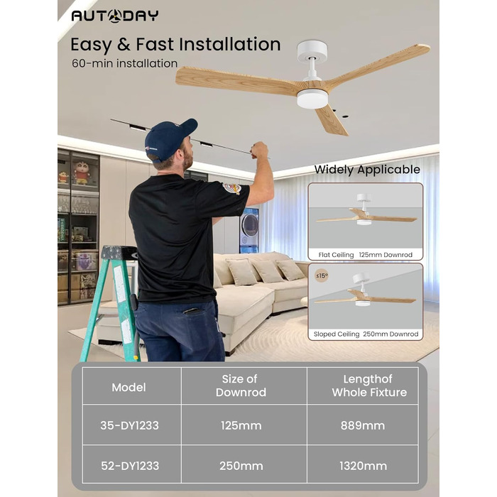 Стеляний вентилятор Holz з підсвічуванням, тихий DC-двигун, 90 см, для вулиці, 3 дерев'яні лопаті, регульоване LED-освітлення 24W, пульт з пам'яттю, 6 швидкостей, таймер (дерево, 52 дюйми)