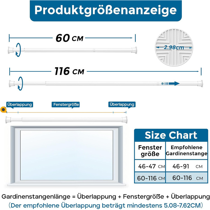 Штанга для карниза без свердління AIZESI 60-120 см, біла (телескопічна, 1 шт.)