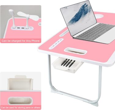Стіл для ноутбука в ліжко, складний з USB, ручка, кишеня для карток, підсклянник, бічна шухляда, рожевий