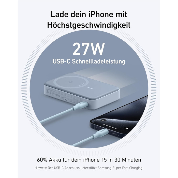 Powerbank Anker MagGo: 10000mAh, Qi2, 15W, MagSafe, USB-C, з дисплеєм та підставкою (Синій)