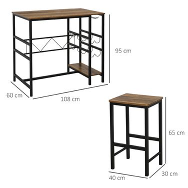 HOMCOM Bar Table Set with 2 Bar Stools, 3-Piece Kitchen Counter Table Set with Small Footprint, Steel, 108x60x95 cm in Natural and Black
