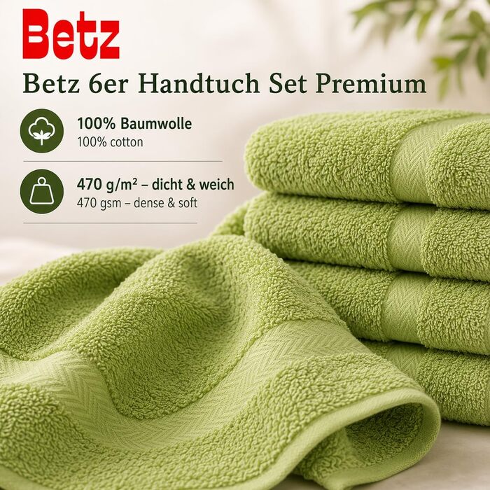 Набір рушників Betz Premium 6 шт. (4 шт. 50x100 см, 2 шт. 70x140 см), 100% бавовна, для ванної та гостей, колір Авокадо