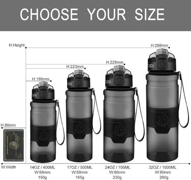 ZORRI Sport Water Bottle for Kids, 500 ml/700 ml/1000 ml, BPA-free, eco-friendly Tritan plastic, reusable water bottles with filter, Grey-1000ml, 1000ml-32oz