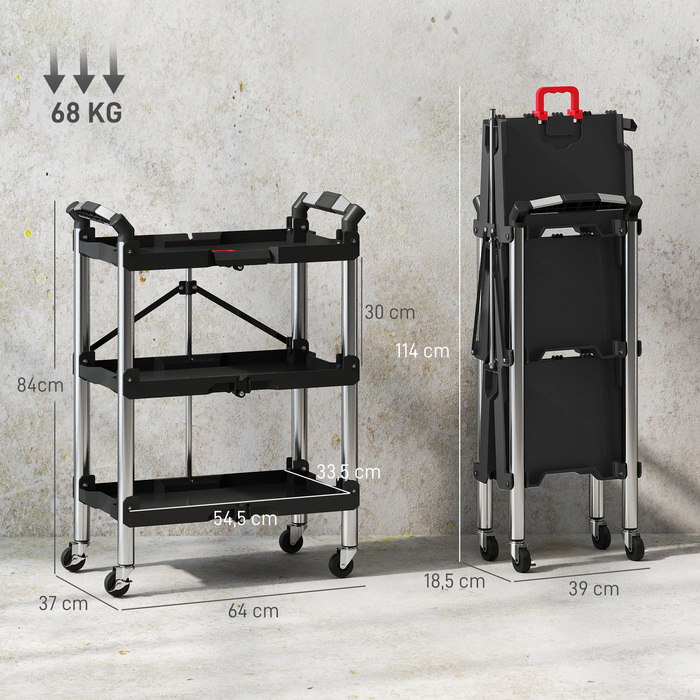 HOMCOM 3-Tier Rolling Tool Cart, Folding Tool Wagon with Handle, Assembly Cart Workshop Cart for Warehouse, Garage, Load Capacity up to 68 kg, Black | Aosom