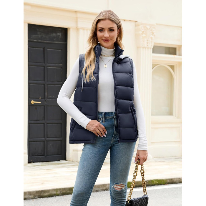 Ванкаву Степледік з капюшоном, короткий зимовий жилет, повсякденний, без рукавів, куртка (темно-синій, S)
