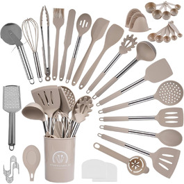 Набір кухонних помічників Silikon, 45 предметів: лопатки, ложки, пензлі та аксесуари для кухні з тримачем та S-гачками, термостійкий, придатний для миття в посудомийній машині, хакі