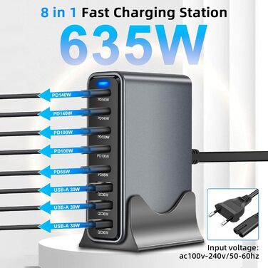 Зарядний пристрій Arceli USB-C 635W GaN III 10 портів: 5x USB-C PD + 5x USB-A QC4.0 для iPhone 16/15/14 Pro Max, Samsung Galaxy, MacBook, iPad, ноутбуків