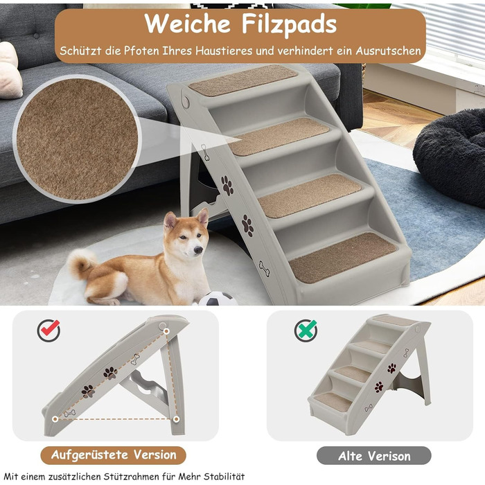 Сходинки для домашніх тварин GYMAX з 4 сходинками, складані, з пластику, з неслизькими підкладками, 4 килимками та трикутною структурою, для котів та собак (сірий)