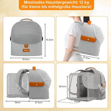 Розширюваний рюкзак для котів - рюкзак-переноска для тварин з дихаючою сіткою 4D, рюкзак для собак та котів до 12 кг (Сірий)