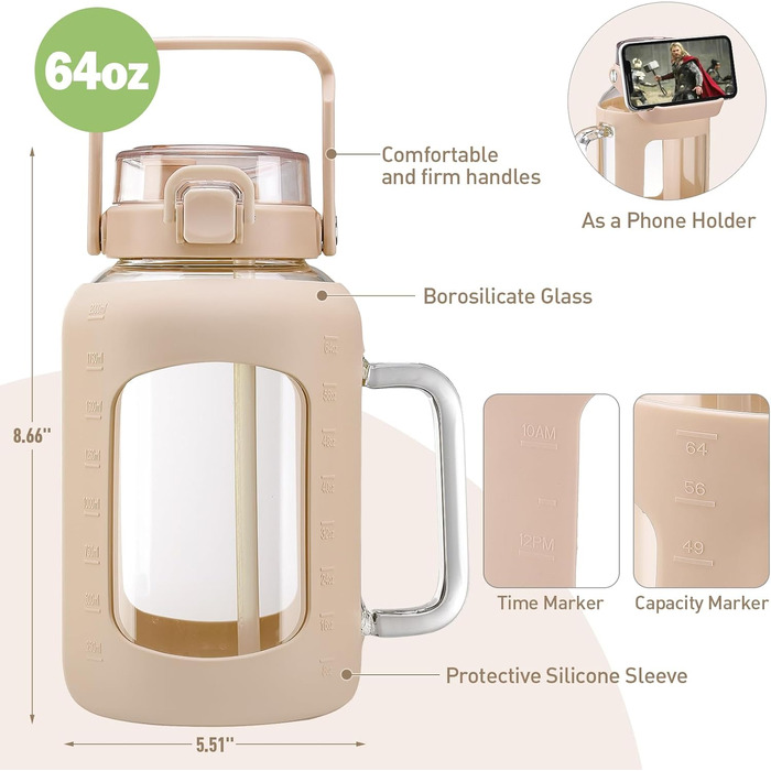 2 Liter Glass Water Bottle with Handle, 2L Glass Pitcher with Straw and Lid, Motivational Sports Water Jug with Time and Volume Markings, Leak-Proof, Light Green (Amber, 2000 ml)