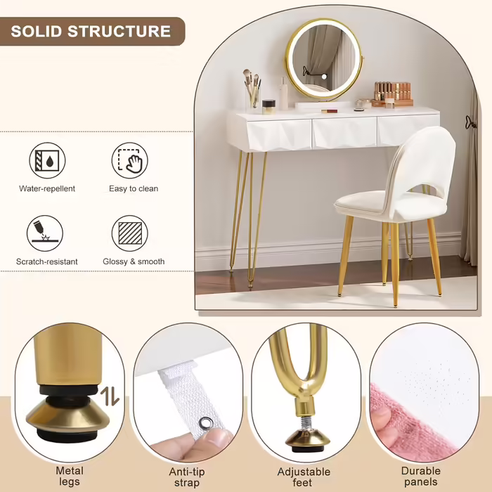 EUGAD Vanity Table with Stool and Mirror, 360° Swivel Makeup Mirror, Dressing Table Cosmetic Table with 2 Drawers, Upholstered Velvet Stool, 3D Effect Drawer, White and Gold (100x40cm, with LED Lighting)