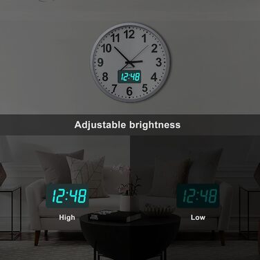 KWANWA Modern Wall Clock • Silent Operation (No Ticking) • Digital LCD/LED Display • Calendar & Temperature • Battery Powered • 30.5cm • 12-Hour Format, Perfect for Kitchen, Bedroom & Office