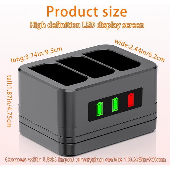 Зарядний пристрій для акумуляторів Ring: 3 слоти, 3.65V, 6040mAh, з LED-дисплеєм та кабелем Type-C (Black)