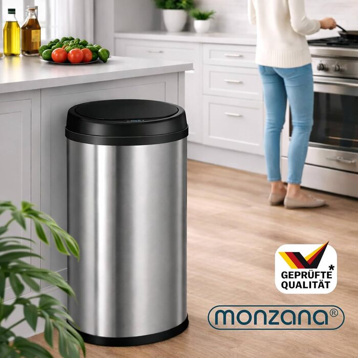 Сенсорний сміттєвий кошик для кухні Monzana 50L, розумне відро зі сталі з датчиком відкриття, безконтактний, сріблястий