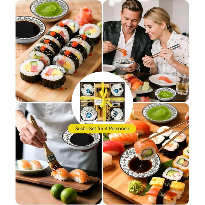 Набір для суші на 4 особи, 12 шт. з кераміки, круглий, з візерунком квітки сливи. Ідеальний подарунок на свята.