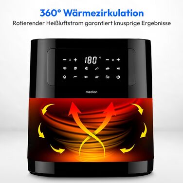 MEDION E40 XL Фритюрниця з гарячим повітрям (5.2 л, Airfryer, 2150 Вт, 9 автоматичних програм, функція випікання, без олії, сенсорне керування, LED дисплей, MD 11740) чорна