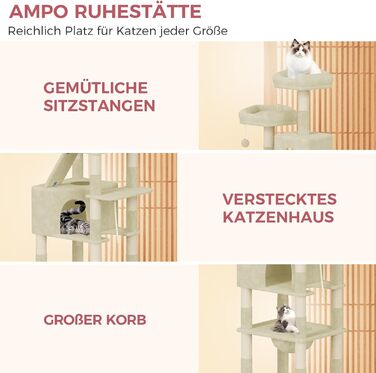Великий котячий будиночок Kratzbaum 208 см з 3 анти-перекидною системою. Стабільний котячий будиночок XXL з 15 стовпчиками для дряпання, 2 платформами, 2 печерами, 1 рампою для дряпання та гамаком. Для великих котів (Бежевий)