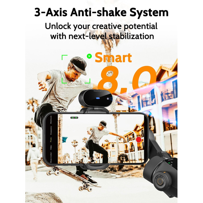 Стабілізатор для смартфона AOCHUAN V8 AI: 3-осьовий, для iPhone/Android, OLED-дисплей, 20 см, AI-трекінг, чорний