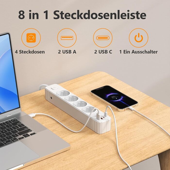 Мережевий фільтр 4 розетки з 2 USB-A та 2 USB-C (PD20W), захист від перенапруги, вимикач, 2м кабель, для дому/офісу, білий
