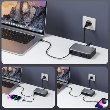 Зарядний пристрій Feob 200W USB-C GaN III 8-Port з PPS PD 65W для MacBook, iPhone, Steam Deck, смартфонів - Чорний