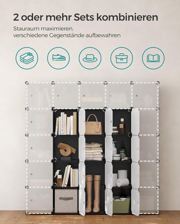 SONGMICS Regal System, Shoe Rack, Set of 16 Cubes, Plastic Wardrobe, with Doors, Plug-in Shelf, Storage for Clothes, Shoes and Books, Easy Assembly, LPC443G01 (12 Cubes (93B x 123H cm), Black)
