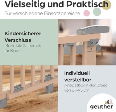 Захист для сходів Geuther Oris | Дверний замок для сходів з кріпленням, ширина 67-95 см | Дверний замок з розсувною дверцятами | Дерев'яне дитяче захисне ворота, натуральний лак 67-95 см