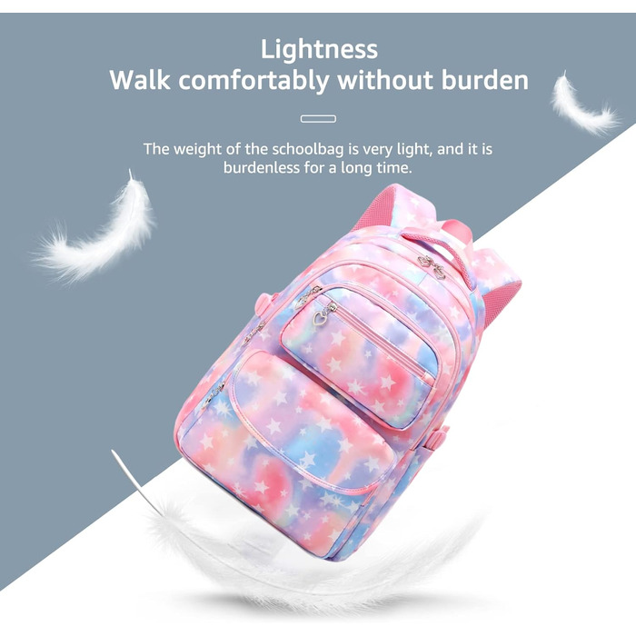 Шкільний рюкзак Tanou для дівчаток 3 шт. з ланч-боксами та пеналом, дихаючий, легкий, 22 л, для 3-9 класів, фіолетовий (рожева зірка)