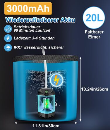 WADEO Portable Camping Shower Battery with Pump and Shower Bucket, Camping Shower with Rechargeable Battery, Mobile Shower Outdoor Showers with Shower Head, for Camping Trips, Garden, Hiking, Car Washing (Blue, with 20L Container)