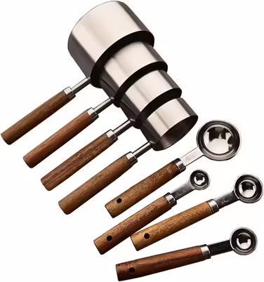 8-Piece Silver Measuring Cup Set and Measuring Spoon Set with Scale, BRIIEC Wooden Handle, Stainless Steel, Dry and Liquid Measuring Cups for Cooking, Baking