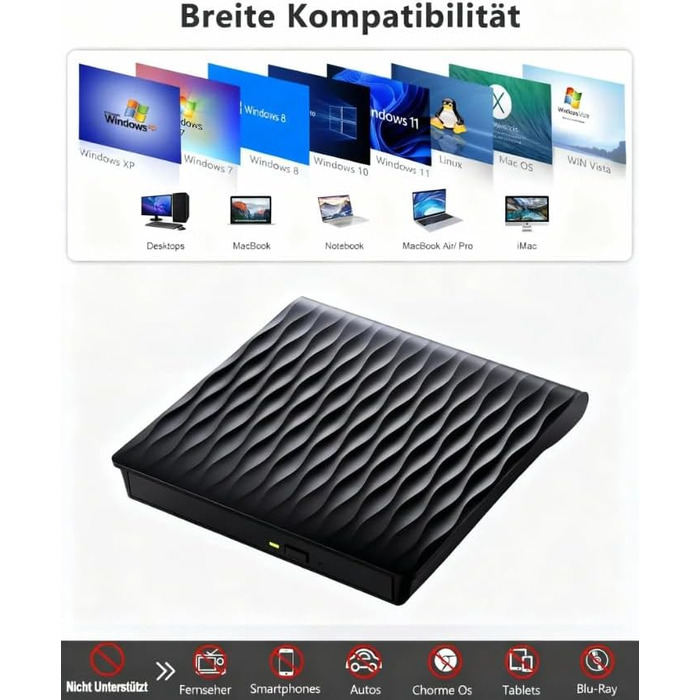 Зовнішній DVD/CD привід DANGZW USB 3.0 Type-C, портативний DVD-брунер та плеєр для ноутбука та ПК, сумісний з Windows, MacOS, Linux (чорний глянцевий)