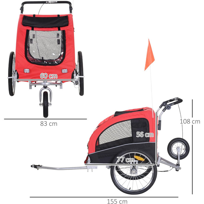 PawHut Причіп для собак 2-в-1, велосипедний причіп для собак, візок для собак з відбивачами, прапорцем, причіп для собак PawHut, оксфордська тканина (Червоний+Чорний)