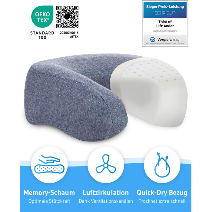 Neck Pillow Airplane ANDAR QuickDry, Ergonomic Travel Pillow, Neck Roll with Quick-Drying Cover, Neck Support Pillow with Memory Foam Against Neck Pain, Travel Pillow for Car