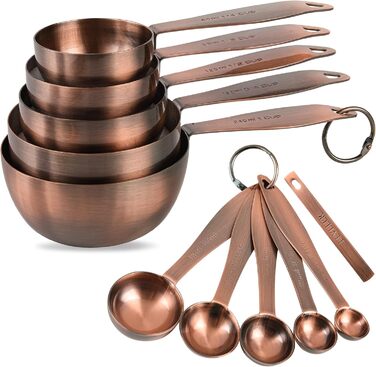Measuring cup and spoon set, 5 stainless steel measuring cups and 5 measuring spoons, 1 measuring ingredient leveler, 1 magnetic conversion chart, and 2 rings (14 pieces)