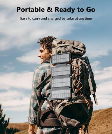 Сонячний Power Bank WASTDE 26800mAh з сонячною панеллю, USB-C, 18W, вологостійкий, з ліхтариком (SOS), для телефонів та планшетів, помаранчевий