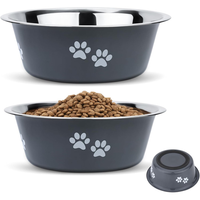 PETTOM Миски для собак 2 шт. з нержавіючої сталі (3120 мл), миски для корму для собак, великі, середні та малі породи, миски для води для собак, сірі, з неслизьким силіконовим дном, розмір M - 21 см